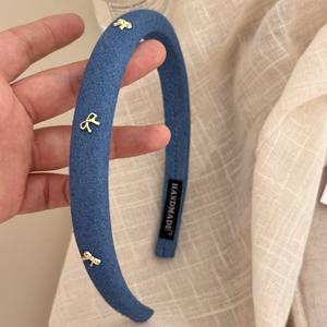 Corea tinta unita Denim <span class=keywords><strong>blu</strong></span> moda Charm spugna fascia per capelli donna semplici accessori per capelli con 5 <span class=keywords><strong>papillon</strong></span> dorati - Product Image 6