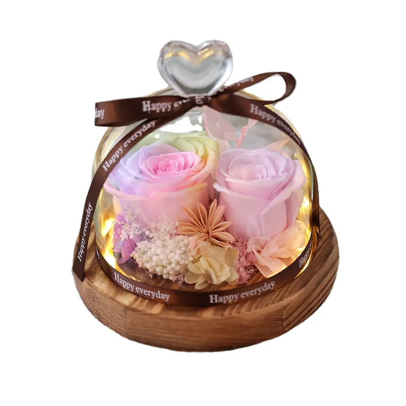 Sonsuza gül sevgililer romantik hediye düğün dekorasyon lamba taze LED ışık ebedi gerçek cam kubbe içinde korunmuş çiçek