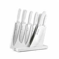 Ensemble de 8 couteaux de cuisine OEM d'usine avec bloc de rangement, manche blanc en PP, en acier inoxydable à haute teneur en carbone, couteaux utilitaires ambidextres brossés
