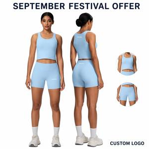 LUMIARA | September Festival Offer | Custom Logo Seamless Women's Yoga Set | Sky <b>Blue</b> Ribbed Tank Top Shorts | Wholesale Bulk - Product Image 1