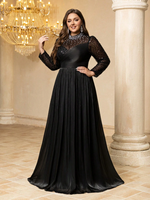 Robe de soirée/mariage formelle ajustée pour femme grande taille, col montant, manches à volants, ornée de strass faits main, effet lumineux