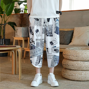 Pantalones Capri Vintage de verano para <span class=keywords><strong>hombre</strong></span>, <span class=keywords><strong>bombachos</strong></span> holgados de estilo chino que combinan con todo, de gran tamaño de cintura elástica <span class=keywords><strong>bombachos</strong></span>, flores sólidas, informales, florales - Product Image 1