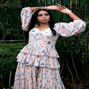 Bohemian Floral Print Crepe Floor-Length Peplum <b>Dress</b> With <b>Ruffles</b> Empire Waistline Sweetheart Neck Casual Style For Adult - Product Image 1