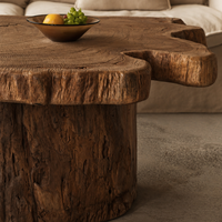 Mesa de Centro de Madera Sólida Wabi Sabi, Irregular, Hecha a Mano con Borde Natural de Tronco de Árbol, para Sala de Estar