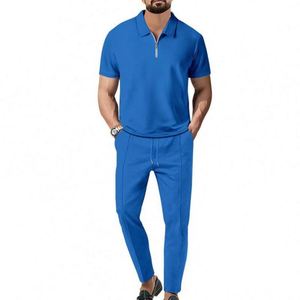 Nouvel ensemble décontracté 2 pièces pour homme : chemise à revers et pantalon en molleton respirant polyester/coton, couleur unie avec cordon de serrage - Product Image 6
