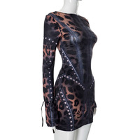 Robe Wenshuo à imprimé léopard et cloutée, mini-robe à manches longues, logo personnalisé, coupe ajustée élégante, vente en gros, directement de l'usine