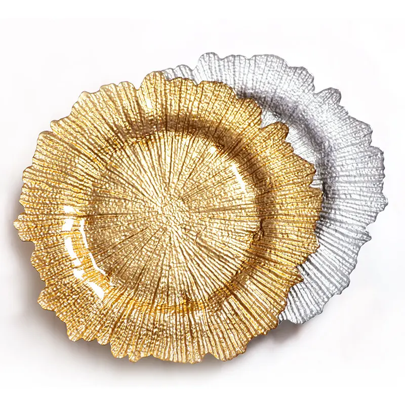 Yantai Tongli glass charger manufacture hotel plates Dessert Plate Gold rimmed salad golden plates