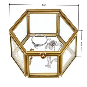Boîte à bijoux hexagonale en verre doré vintage en gros avec couvercle à charnière, boîte à alliances géométrique pour décoration de mariage, logo personnalisé - Product Image 2