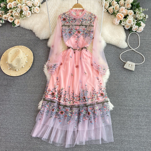 Vintage <span class=keywords><strong>Tul</strong></span> Vestido <span class=keywords><strong>de</strong></span> Mujer Temperamento O-cuello Gasa Bordado A-Line Flounce Socialite Vestido <span class=keywords><strong>de</strong></span> Noche Largo - Product Image 2