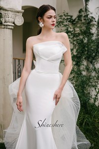 Nuova collezione senza maniche a pieghe sirena abito da sposa in Tulle avorio coda eleganti abiti da sposa da donna - Product Image 5
