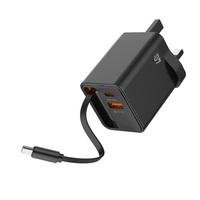 Chargeur mural rétractable personnalisé avec logo, ports USB et Type-C, noir, charge rapide PD, protection OTP/OVP pour ordinateurs portables et appareils mobiles