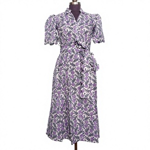Vintage Floral Midi Dress Women V-Neck Short Sleeve Puff Sleeve Wrap Tie Fit And Flare Cotton Bamboo Fiber Casual Dress - Product Image 1