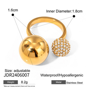 PVD Gold Stainless Steel Adjustable <b>Open</b> <b>Ring</b> for Women | Paved Crystal Ball & Polished Sphere | Waterproof & Hypoallergenic - Product Image 5