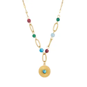 2024 New Boho Stainless Steel Gold Plated Women's Necklace Blue Wood Turquoise Necklace