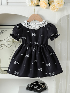 Vestito Estivo per Bambina con Fiocco Stampato, Collo Tondo, Maniche a Sbuffo, in 100% Poliestere, Gonna Morbida a Strati - Product Image 2