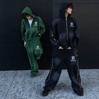 Ensemble de survêtement vintage personnalisé avec strass, fermeture éclair, effet délavé, sweat à capuche et pantalon de survêtement à jambe droite pour homme