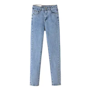 Jeans jeans de cintura alta para mulheres, slim fit casual com logotipo, três cores personalizadas disponíveis