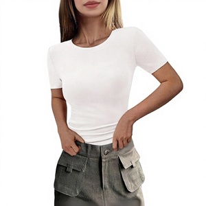 T-shirt décontracté en polyester respirant à col rond et manches courtes, coupe ajustée côtelée, couleur unie, pour femme, collection été 2026, OEM/ODM - Product Image 3