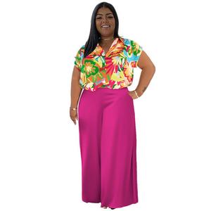 Ensemble deux pièces imprimé décontracté grande taille pour l'été et l'automne, composé d'un <span class=keywords><strong>haut</strong></span> court et d'un pantalon - Product Image 2