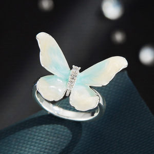 Butterfly Open Ring Adjustable Women's Ring Light Blue Enamel Insect Theme Gift Jewelry - Product Image 1