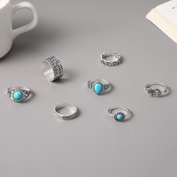 KR-218 Grosir Perhiasan Jari Vintage Etnik Geometris 7pcs Set Cincin Wanita Bentuk Bulat Hati Mata Mawar Bunga Turquoise Bahan Paduan Logam