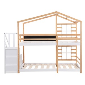 <b>Wooden</b> House-Style <b>Bunk</b> <b>Bed</b> With Stairs And Storage For Kids Bedroom Wheat-Colored Framework Structure - Product Image 5