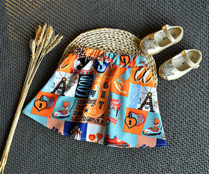 Vestido de Niña con Falda Completa y Camiseta con Estampado Naranja Estilo Europeo, Hombros Descubiertos, Estilo París - Product Image 5