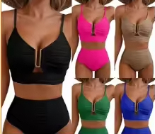Maillot de bain deux pièces texturé fait main pour femme, 9 couleurs, taille haute, bikini bandeau, motif uni, tailles S-XL, logo avant, effet délavé - Product Image 6