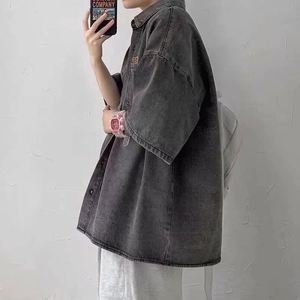 Camisas vaqueras en blanco de color sólido para <span class=keywords><strong>hombre</strong></span> negras de alta calidad personalizadas, <span class=keywords><strong>Camisa</strong></span> vaquera de <span class=keywords><strong>manga</strong></span> <span class=keywords><strong>corta</strong></span> para <span class=keywords><strong>hombre</strong></span> - Product Image 3