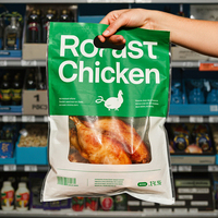 Sachet rétractable en PE imprimé sur mesure avec poignée découpée, fenêtre transparente, film résistant à la chaleur, recyclable, pour poulet rôti et aliments cuisinés