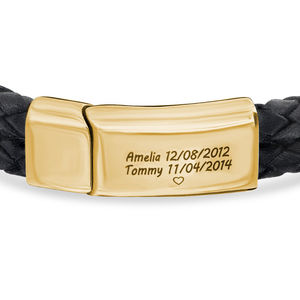 Bracelet en cuir véritable à Double couche pour hommes, en cuir véritable, gravé et personnalisé, plaqué or, noir - Product Image 4