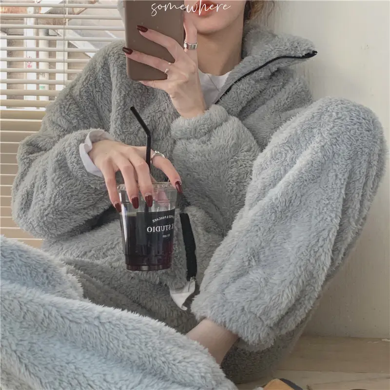 Women Pajama Sets Winter Plush Thicken Warm Soild Sweet Baggy Sleepwear Zipper Students Ulzzang Simple Bundle Trousers Outwear
