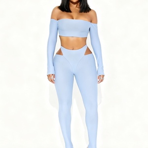 เสื้อครอปแขนยาวเปิดไหล่สำหรับผู้หญิงและกางเกงสกินนี่ผูกเชือกชุดแฟชั่น 2 ชิ้น - Product Image 4