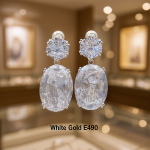 Orecchini pendenti di lusso in oro bianco con cristalli e quarzo arcobaleno, montatura a griffe, gioielli da sposa da donna E490 - Product Image 2