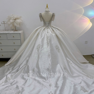 Vestido de Novia de Satén con Bordado Cuadrado y Pedrería, con Accesorios para el Cuello, Vestido Noiva Lsjj18 - Product Image 5