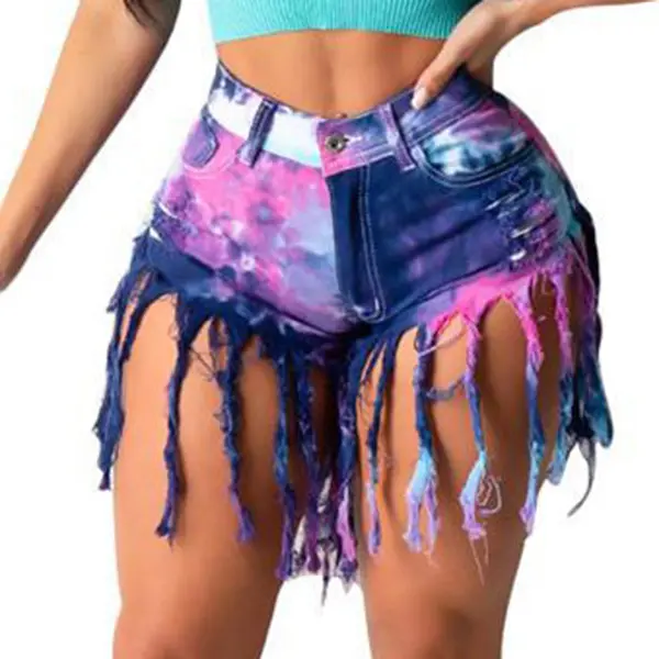 S3797 Latest cheap assorted tie dye wholesale booty shorts women fashion shorts for women with tassel short jeans