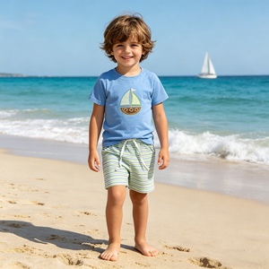 BSSO1860 rts Boutique Ensemble de vêtements pour bébé garçon avec broderie de bateau bleu, tenues d'été, ensemble en gros - Product Image 1