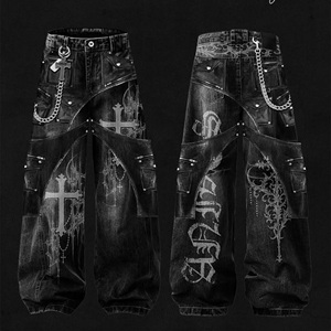 Jean sur mesure pour <span class=keywords><strong>homme</strong></span>, design Heavy Metal, vêtements Hip Hop, pantalon en jean noir délavé pour hommes - Product Image 3