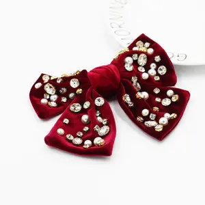 Bling Velvet Butterfly Big Geometric Hair Bows Clip Glitter Hair Clips Acrylic Beads Rhinestone Crystal