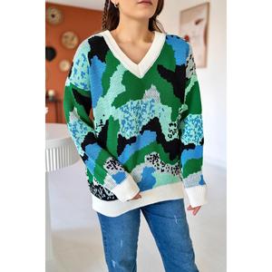 Suéter Casual Verde para Mujer, Cuello en V, Manga Larga, Tejido Antipilling - Product Image 1