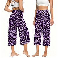 Pantalon large court ultra doux pour femme, imprimé zèbre violet lavande vibrant, taille haute, effet ventre plat, pour yoga et détente, coupe culotte