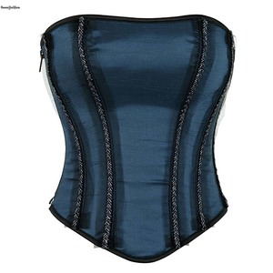 Bên zip có thể điều chỉnh korset của phụ nữ satin Gothic corselet thời trang lưới ren lớp phủ sequined Corset Top màu xanh hải quân với dây kéo - Product Image 1