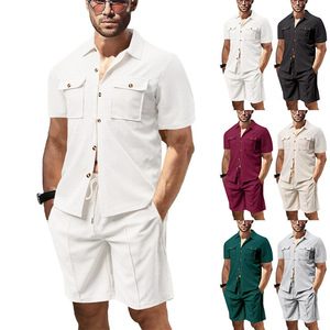 Nuevo Conjunto de Dos Piezas de Verano para Hombre, Camiseta de Manga Corta con Bolsillo y Pantalones Cortos de Punto Waffle en Color Sólido, Ropa Informal Negra - Product Image 4