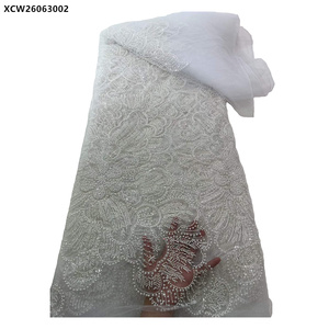 Tissu de dentelle de luxe avec perles de cristal, broderie orange brûlé, tulle africain et sequins perlés - Product Image 6