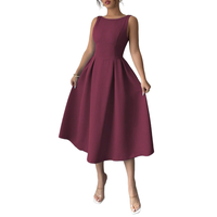 Robe midi plissée sans manches bordeaux décontractée et polyvalente pour femme, col bateau, dos nu, coupe trapèze