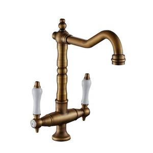 Robinet de lavabo de cuisine vintage classique à double poignée en laiton, à trou unique, avec eau chaude et froide, montage sur plan - Product Image 1