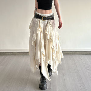 Jupe midi à volants superposés à ourlet ondulé irrégulier vintage américaine pour femmes, jupe à volants double couche ajustée sexy, tenue de soirée chic - Product Image 1