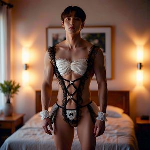 Open-crotch male servant outfit, plus size lace Lolita style, couple interaction, ascetic crossdressing flirting, men's pajamas - Product Image 2