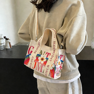 Sac fourre-tout personnalisé d'été avec imprimé Smiley pour femme, sac à bandoulière longue en toile, sac de shopping avec petite poche zippée - Product Image 2