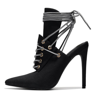 Sandalias de tacón de aguja con corte trasero para mujer, sexy, de mezclilla, con punta puntiaguda y cordones en el tobillo - Product Image 6